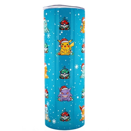 Christmas Anime Tumbler 20oz Pikachu Eevee Gengar Squirtle Charmander Blue Holiday Stainless Steel Travel Cup Cute Gamer Gift Pokémon Mug