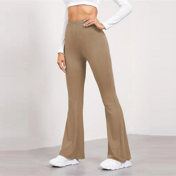 TaTaai Womens Solid Color Ribbed Knit Slim Slightly Flared High Waist Sports Casual Pants For Daily Home Outdoor Stretchy Fit Wear
