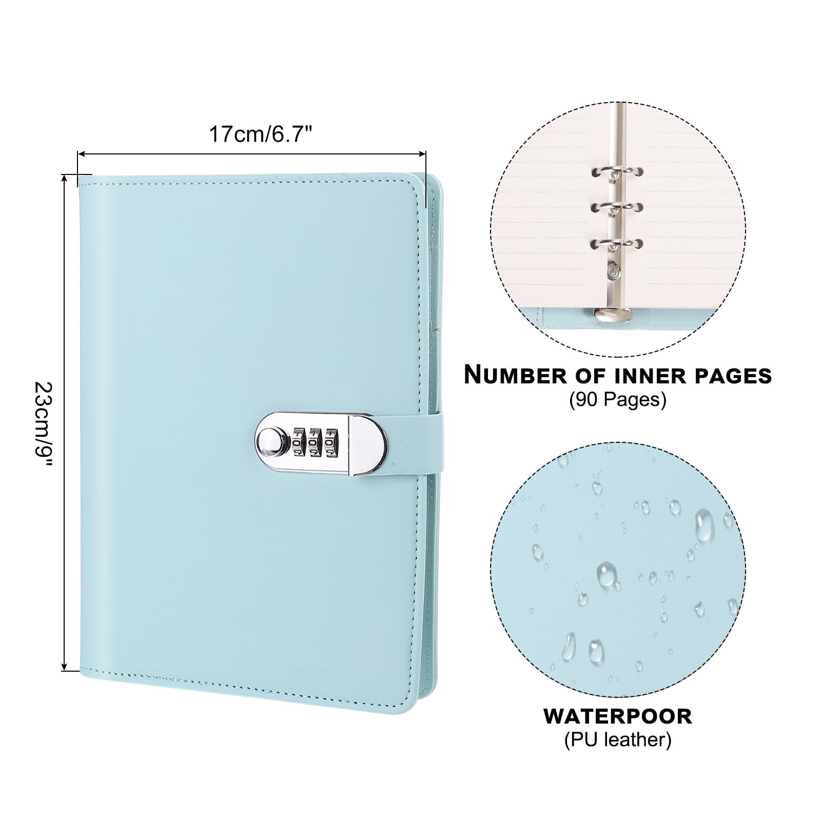 A5 Diary with Lock, Journal with Lock Cute Journaling Leather Notebook Journal Diary Binder Refillable Paper, Blue