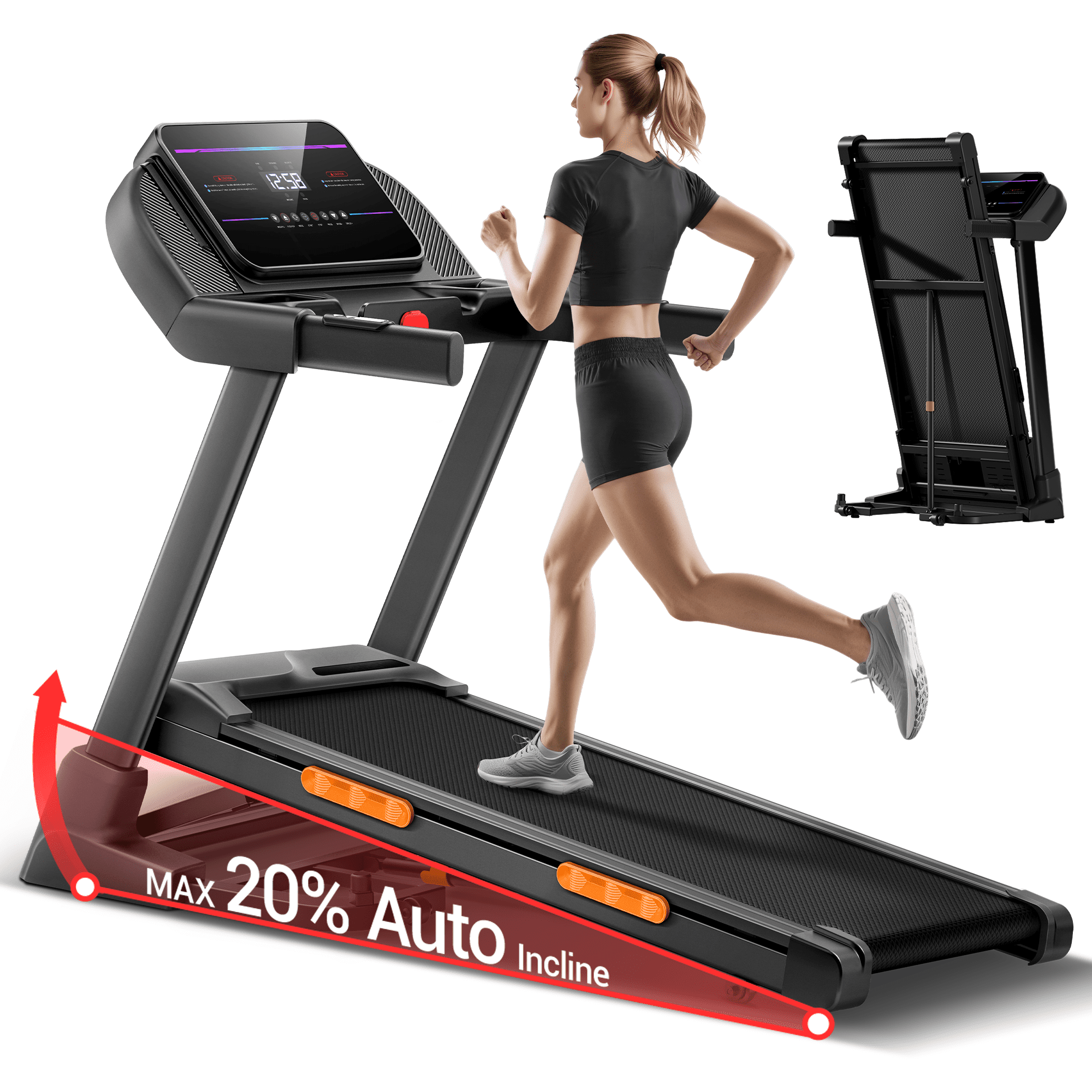 UMAY Treadmill with 20% Auto Incline, Folding Design, Pulse Sensors, 400 lbs Capacity, 4.0 HP Motor, Max 8.0 MPH