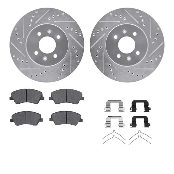 Dynamic Friction Company Front Brake Rotors-Drilled and Slotted-Silver with 5000 Advanced Brake Pads includes Hardware 7512-21026