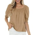 thumbnail image 1 of Mujer Top Camiseta Blusa Color Puro Cuello Redondo Puff Media Manga Puño Elástico para Oficina en Casa Marrón M, 1 of 5