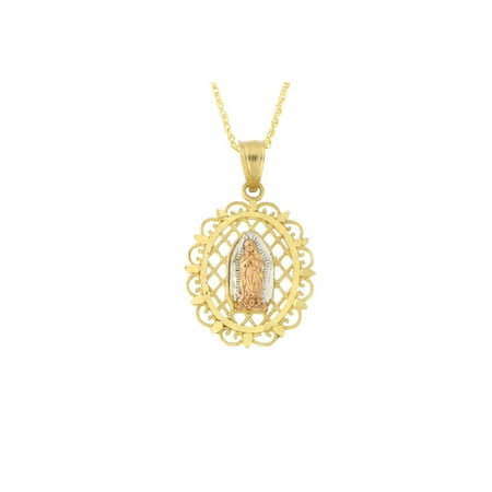 - 10k Yellow, White and Rose Gold Tri-Color Lady of Guadalupe Virgin Mary Pendant Necklace