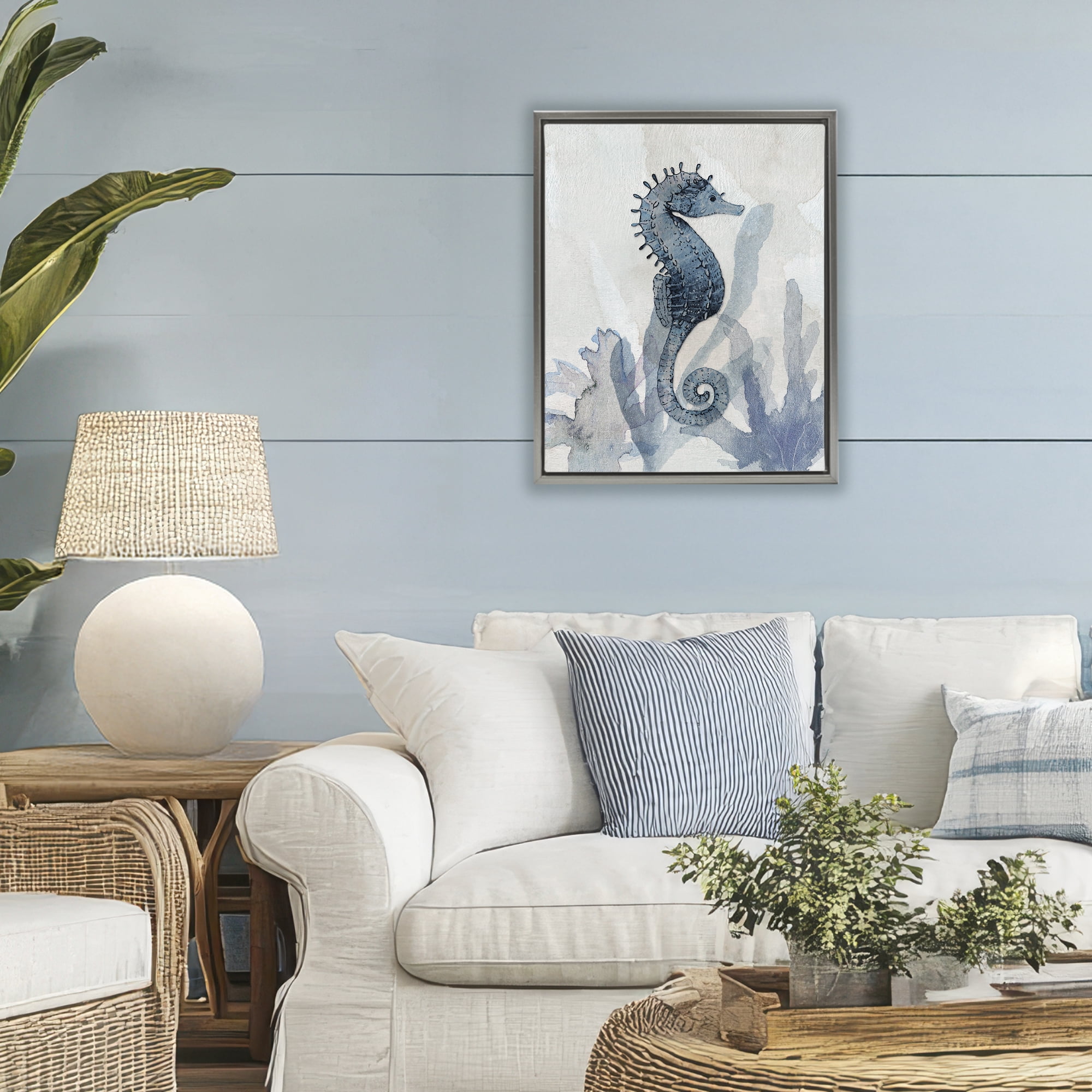 Stupell Industries Seahorse & Seaweed Impressions Gray Framed Floater Canvas Wall Art, design by Susan Jill