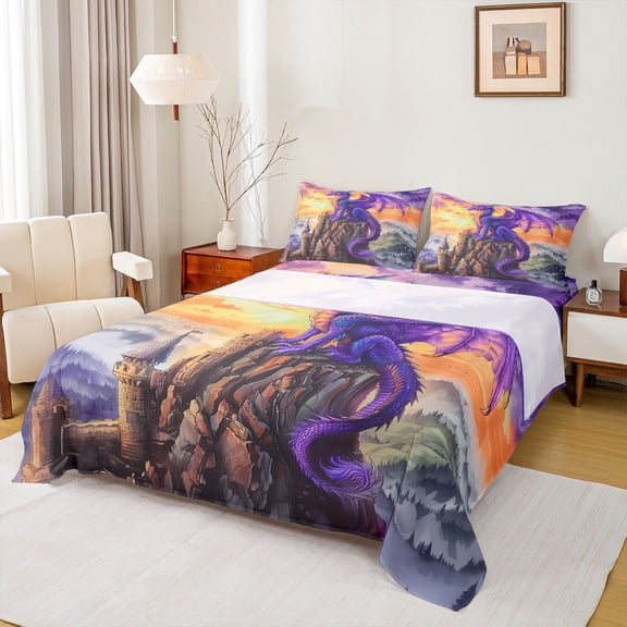 Manfei Purple Dragon Twin Sheet Sets,Western Fantasy Twin Fitted Sheet,Vintage Brown Castle Flat Sheet For Boys,Super Cozy Room Decor,3 Pieces