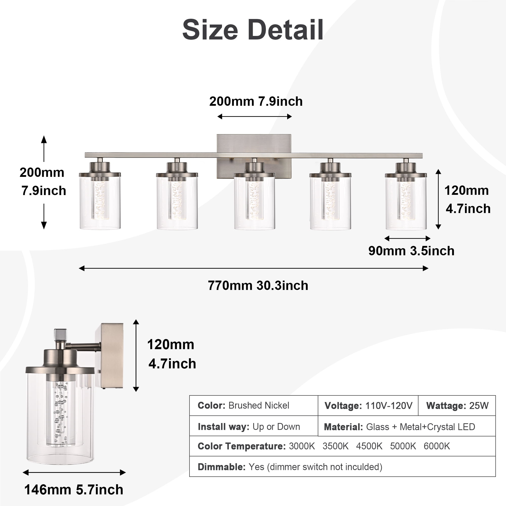 Melucee 5CCT Dimmable LED Brushed Nickel Vanity Lights 5-light, Modern Vanity Lighting Fixtures with Crystal Light Columns and Clear Glass for Bathroom Bedroom