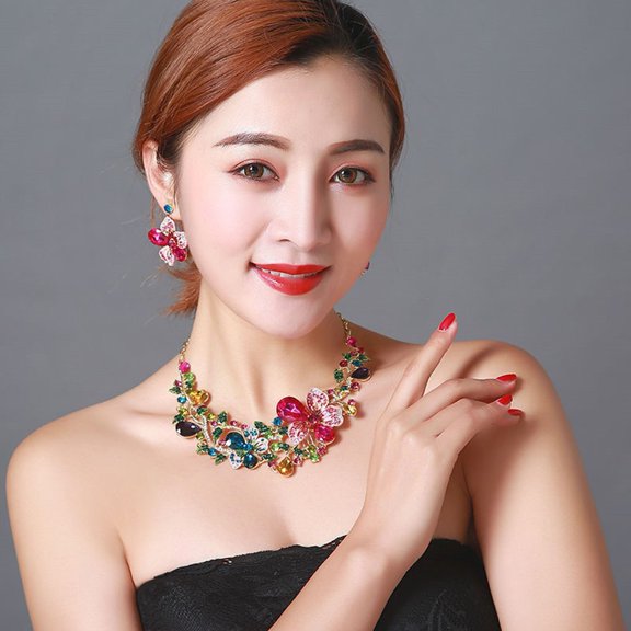 Soumake 1 Set Women Necklace Earrings Set Colorful Rhinestone Flower Leaf Shape Hollow Neck Ear Jewelry Luxury Stainless Anti-Rust Bride Prom Party Ear Studs Necklace Set Fashion