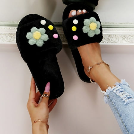 

Medcursor Women Slip-On Furry Flowers Flat Home Winter Open Toe Keep Warm Slippers Shoes