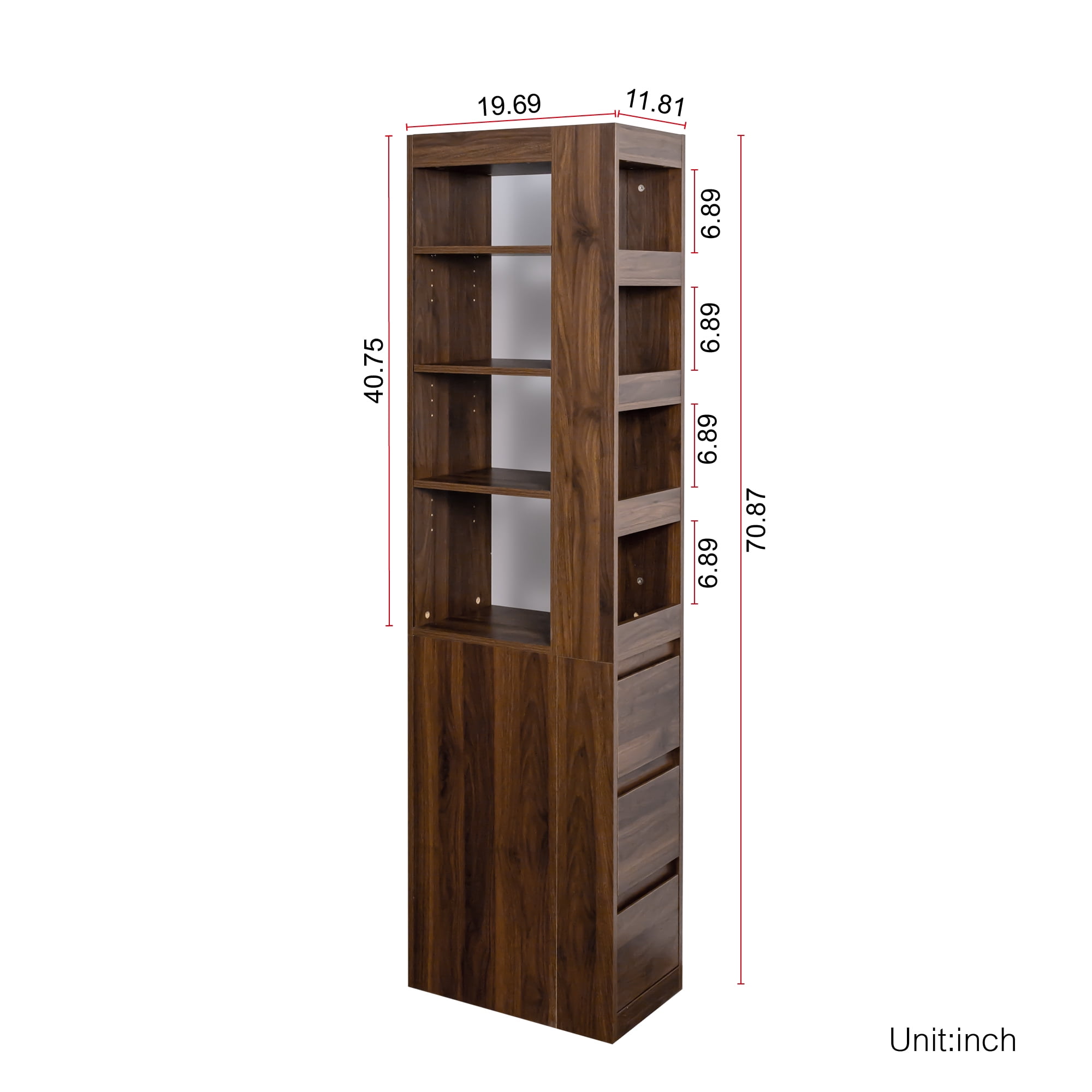 Mintazer 70" Tall Display Storage Cabinet with Drawers, 4 Tier Bookcase with 8 Open Shelf for Living Room Bedroom Kitchen Office, Walnut