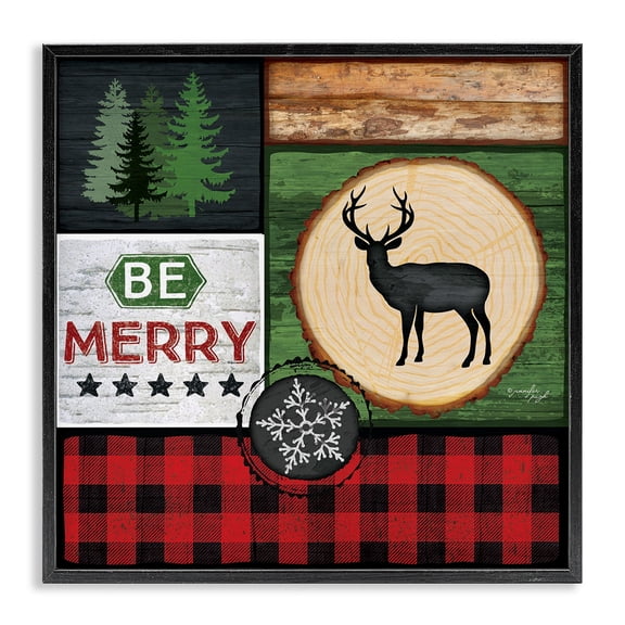 Stupell Industries Farmhouse Be Merry Christmas Holiday Pattern Collage Design Black Framed Giclee Art, 12 x 12, by Jennifer Pugh