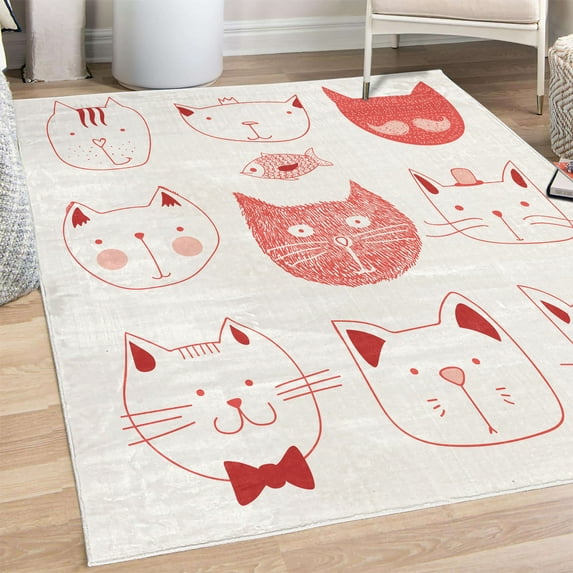 Cat Decorative Rug, Pets Moustache Bow Tie Hat Crown Fluffy and Fish Humor Faces Graphic, Quality Carpet for Bedroom Dorm and Living Room, 6 Sizes, Dark Coral, by Ambesonne