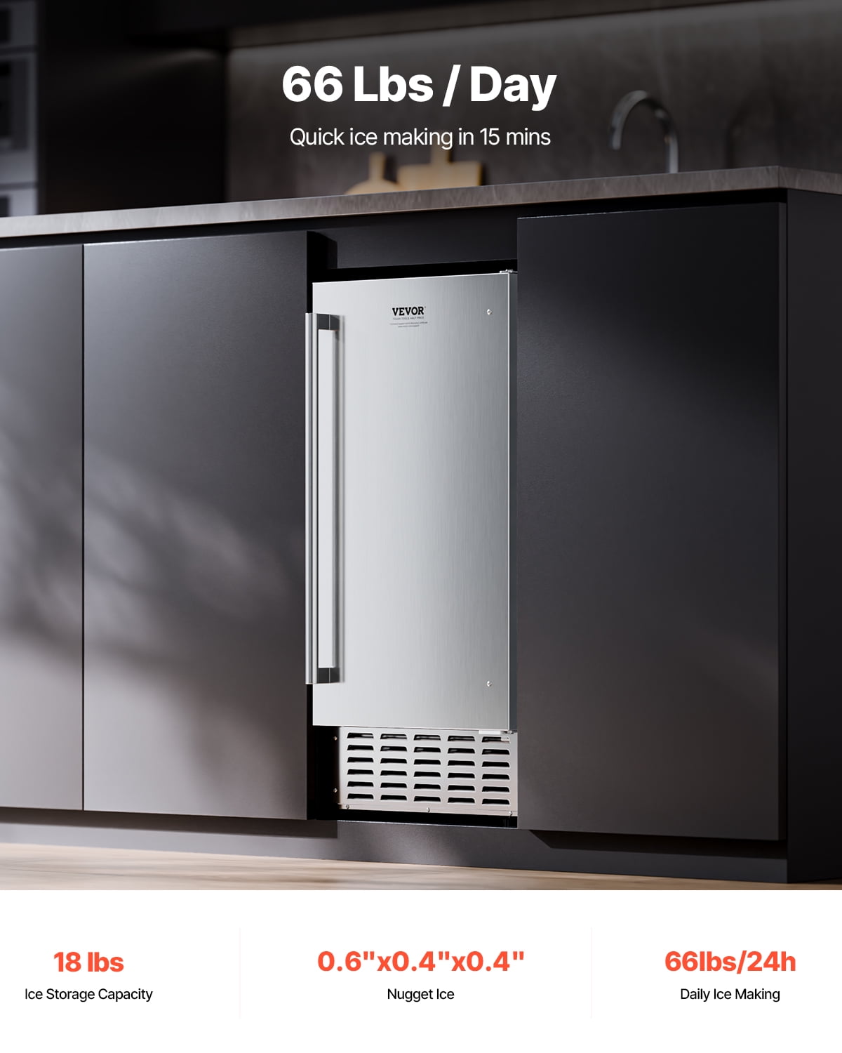 KFFKFF Inbuilt Ice Generator, Daily Production of 66 Lbs, Under Counter Pellet Ice Machine with Reversible Stainless Steel Door, Standalone Ice Producer for Residential Commercial Kitchen