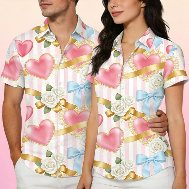 Blusa y camisa de manga corta con cuello vuelto, moda para hombre y mujer, informal, de manga corta, con estampado y cuello vuelto, con botones.