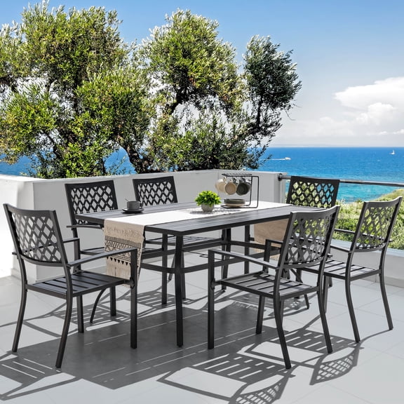 Nuu Garden Outdoor Patio Dining Set of 7, 6 Dining Chairs and 61'' x 37'' Rectangle Dining Table with 1.57'' Umbrella Hole, Powder-coated Finish and Iron Frame, Black