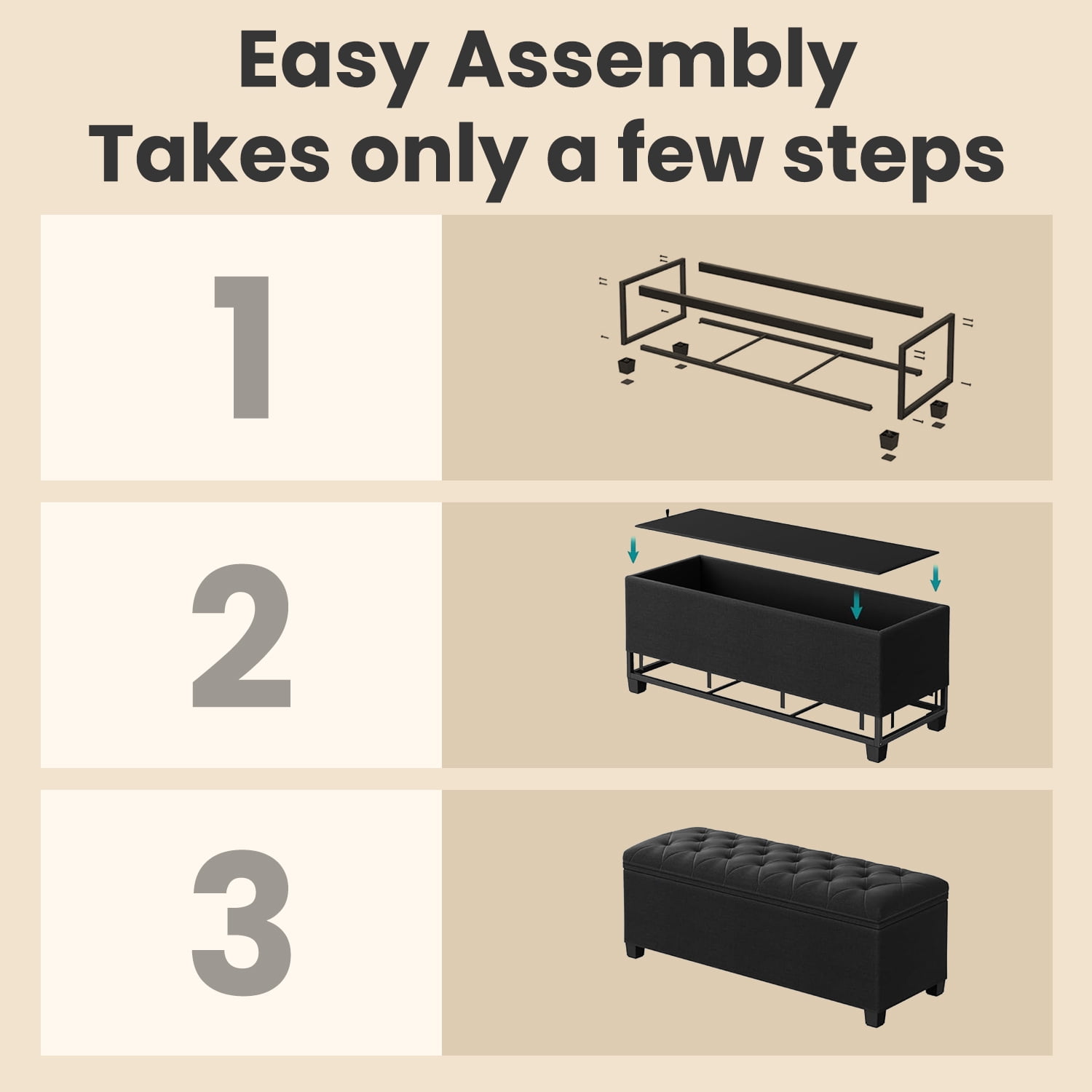 LEDREM Storage Ottoman Bench, 43" End of Bed Bench with Removable Cover, 660lb Capacity, for Living Room, Bedroom, Ink Black