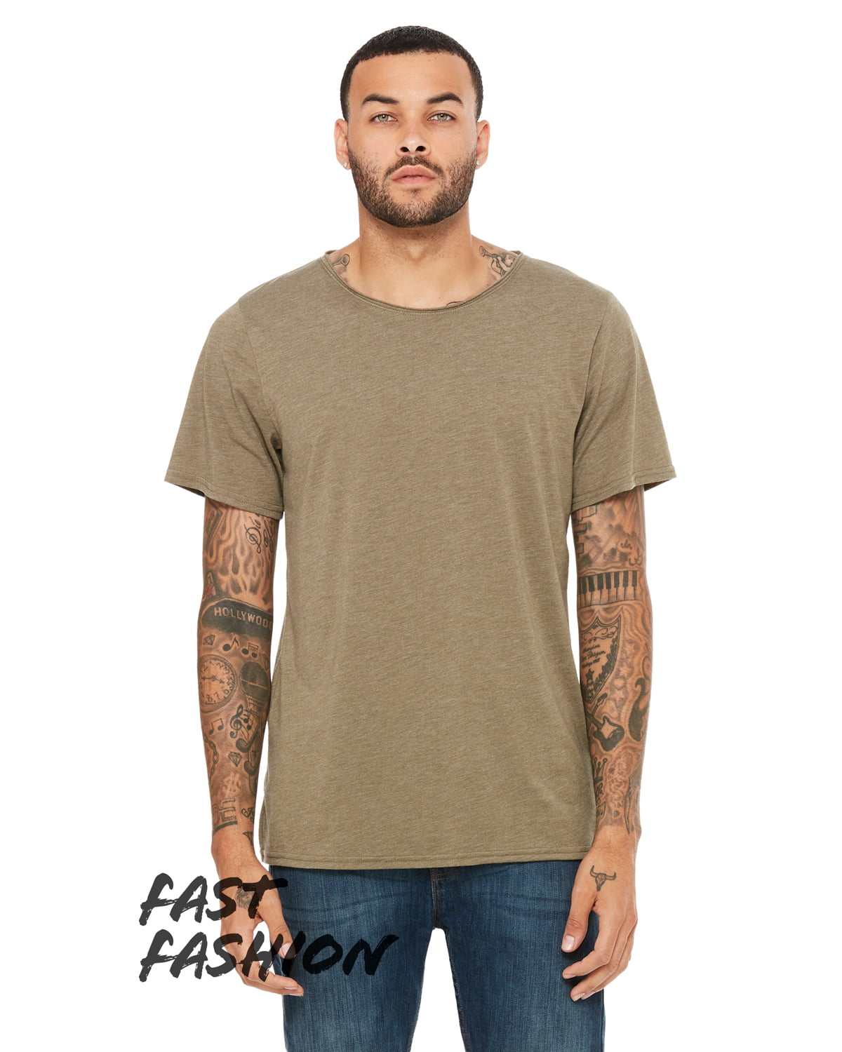 The Fast Fashion Unisex Triblend Raw Neck T-Shirt - OLIVE TRIBLEND - L ...