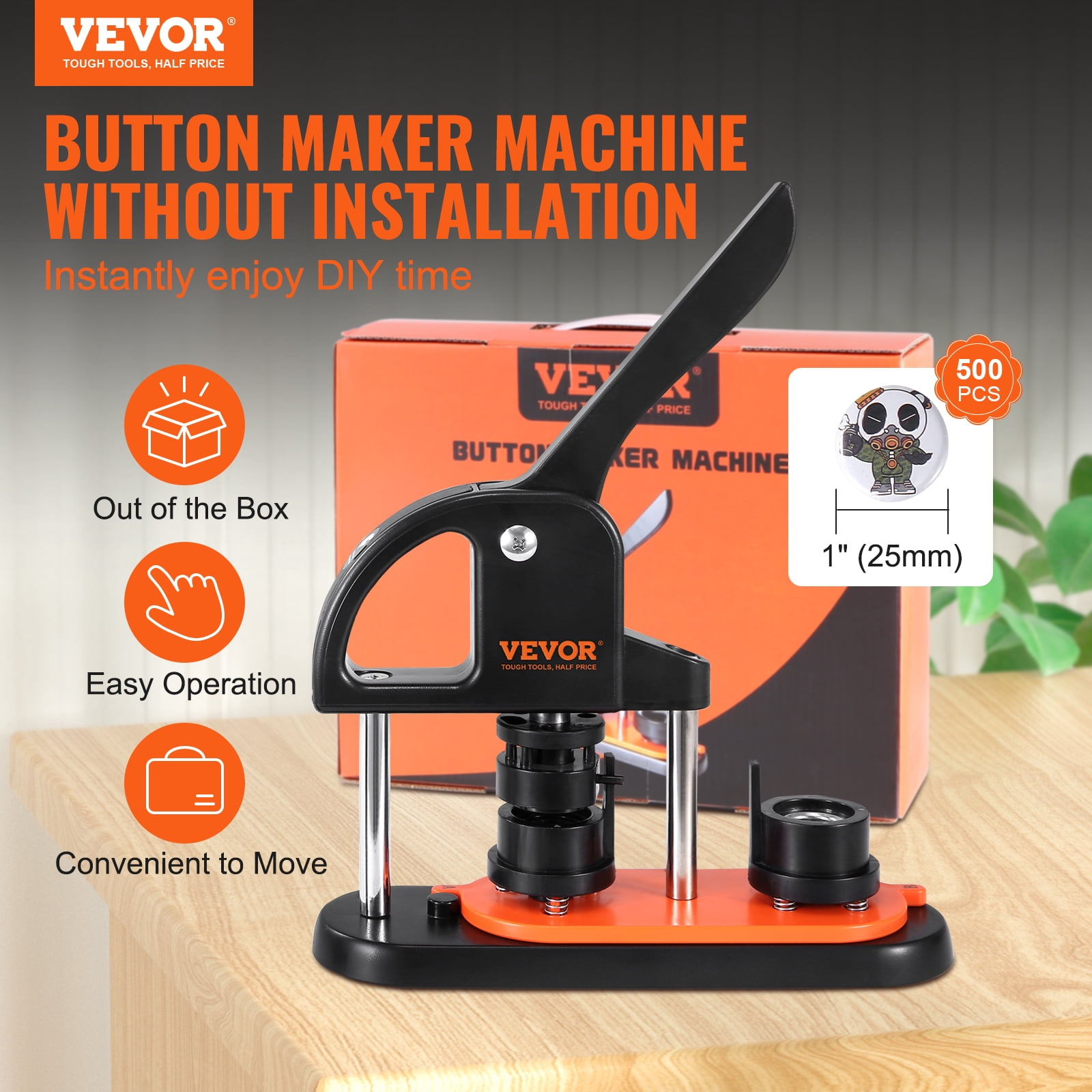 VEVOR Button Maker Machine, 0.98 inch/25mm Pin Maker with 500pcs Button Parts, Button Maker with Panda Magic Book, Ergonomic Arc Handle Punch Press Kit, For Children DIY Gifts and Christmas