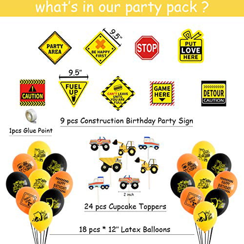 Balloons Truck Party Decor for Boys Barricades Construction Sign Cutouts Hang Swirls Vehicle Banner Including Happy Birthday Banner Cupcake Toppers Caution Tape Decorlife Construction Birthday Decorations 