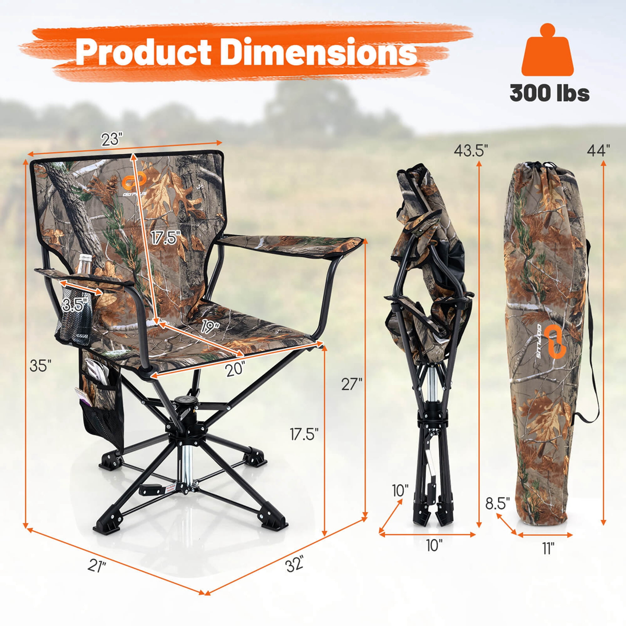 Goplus 360° Swivel Hunting Chair with Mesh Cup Holder & Storage Pockets Cozy Backrest Camo