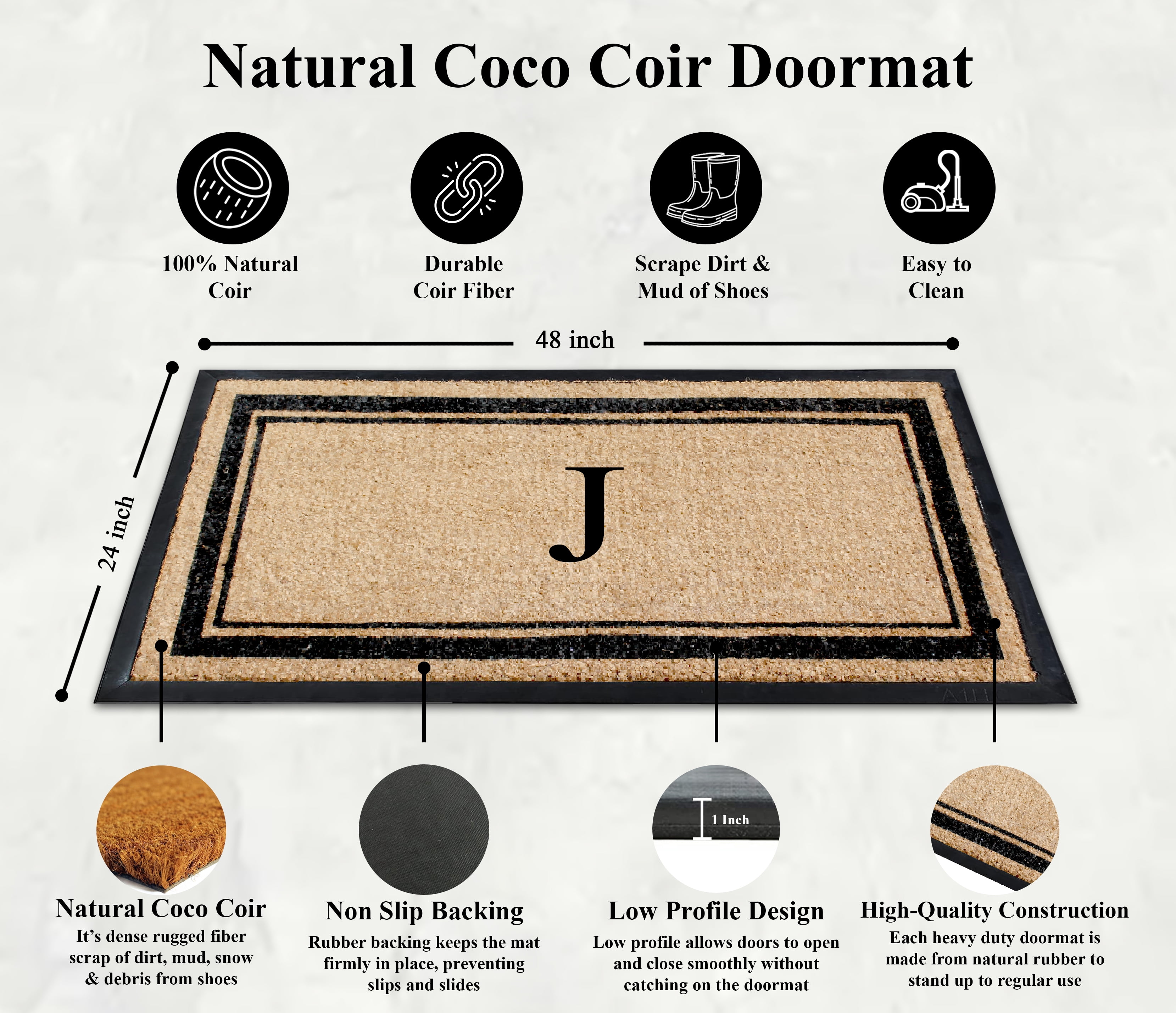 A1HC Natural Coir & Rubber 24"x48" Monogrammed Plain Border Door Mat, Heavy-Duty, Low-Profile, Anti-Shed, Easy to Clean, Outdoor