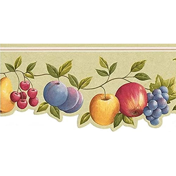 Concord Wallcoverings Wallpaper Border Fruit Vine Pattern Apple Pear Plums Grape Leaves for Kitchen Living Room, Green Purple Yellow Red, 4.75 Inches by 15 Feet CO77190DC