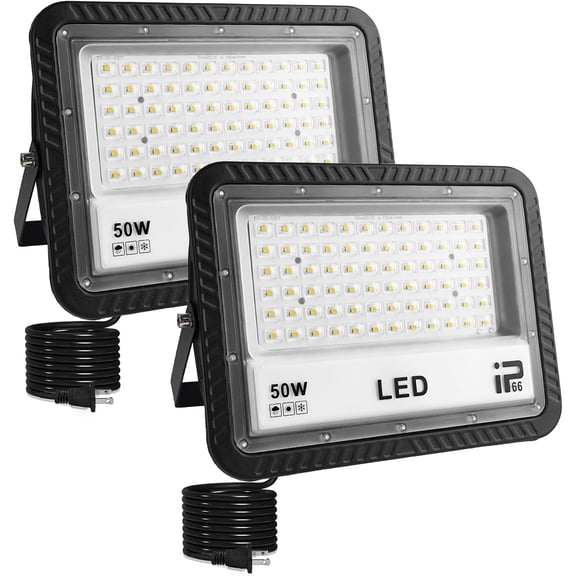 2 Pack 50W Led Outdoor Flood Light, Outdoor Security Light, Led Stadium Lights, with Plug, 59 Inch Line, for Yard, Stadium, Playground, Lawn,Garden, Garages,Basketball Court