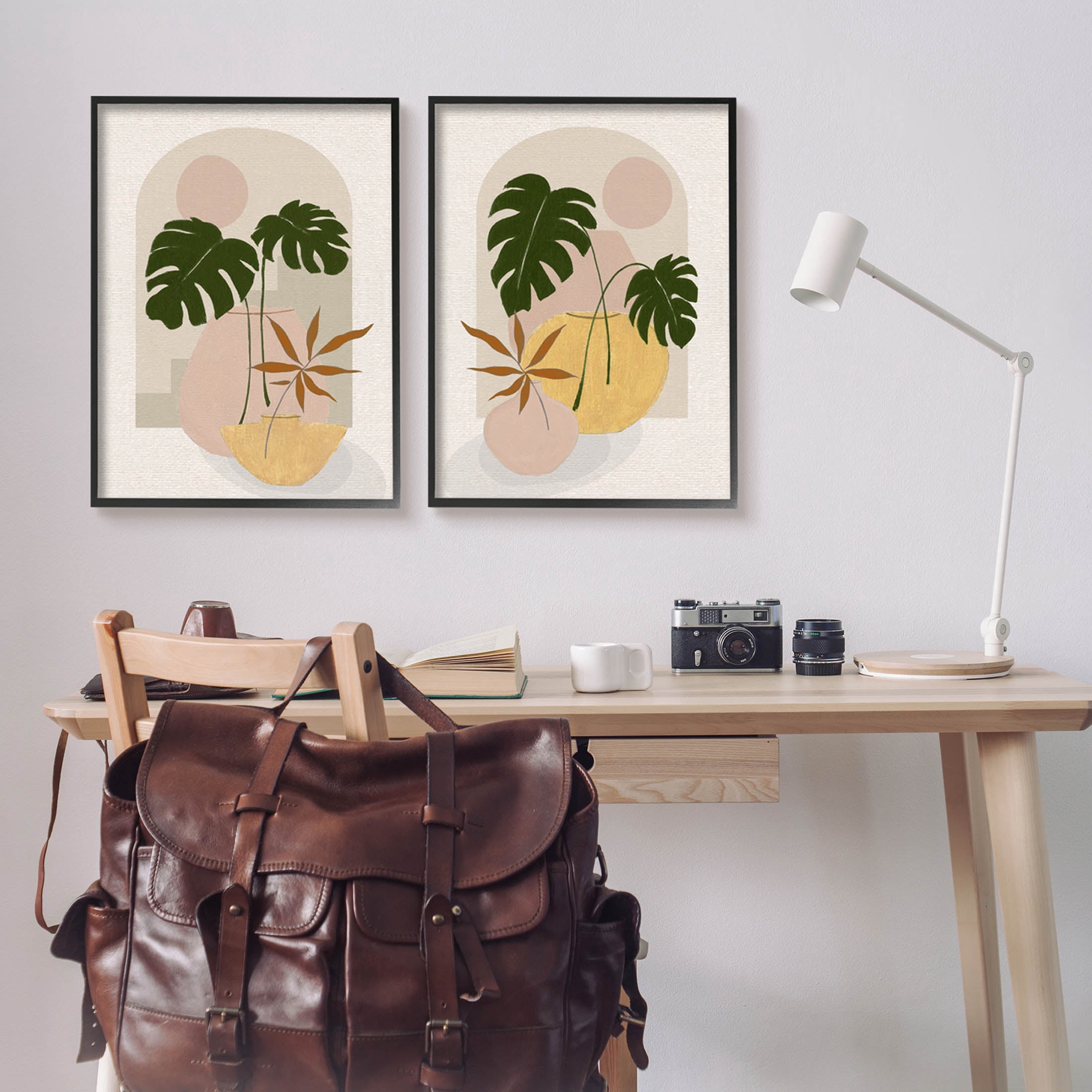 Boho Monstera Archway Landscape Botanical & Floral Painting Black Framed Art Print Wall Art, Set of 2