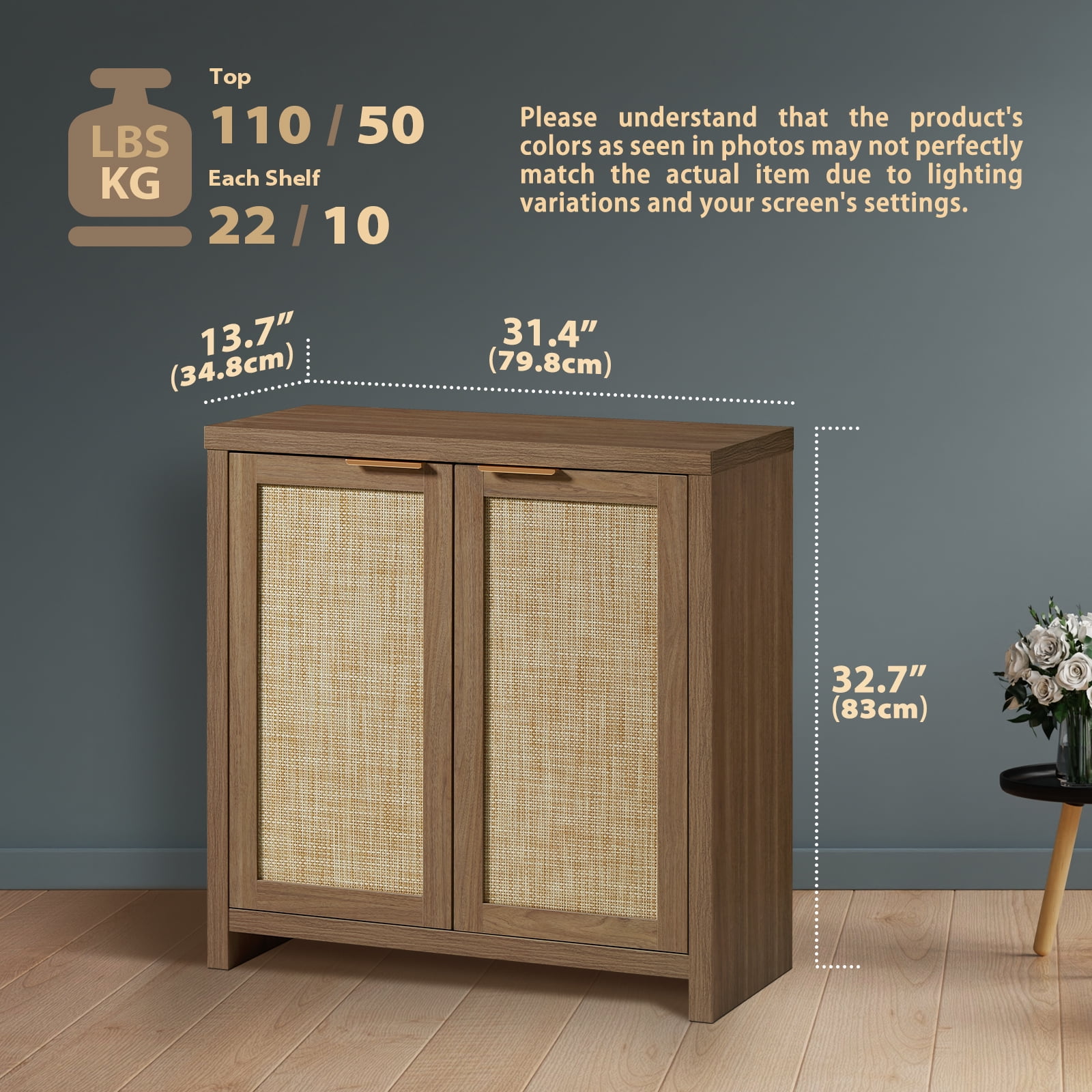 ARKANTOS Rattan Sideboard Buffet Cabinet with Adjustable Shelf, Set of 3, Walnut