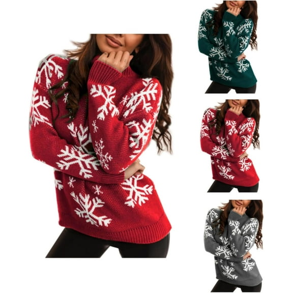 Christmas Sweater Women Snowflake Reindeer Knitted Long Sleeve Drop Shoulder Cute Crew Neck Pullover Xmas Tops Jumper