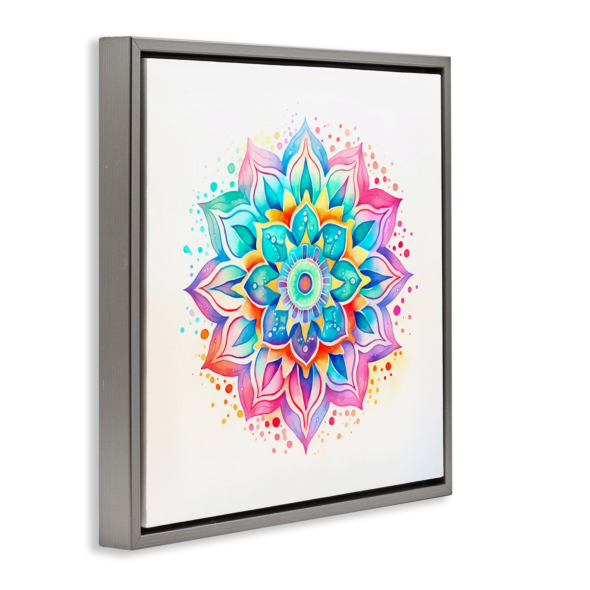 Stupell Industries Magic Rainbow Mandala Abstract Painting Gray Floater Framed Canvas Art Print Wall Art, 25 x 25