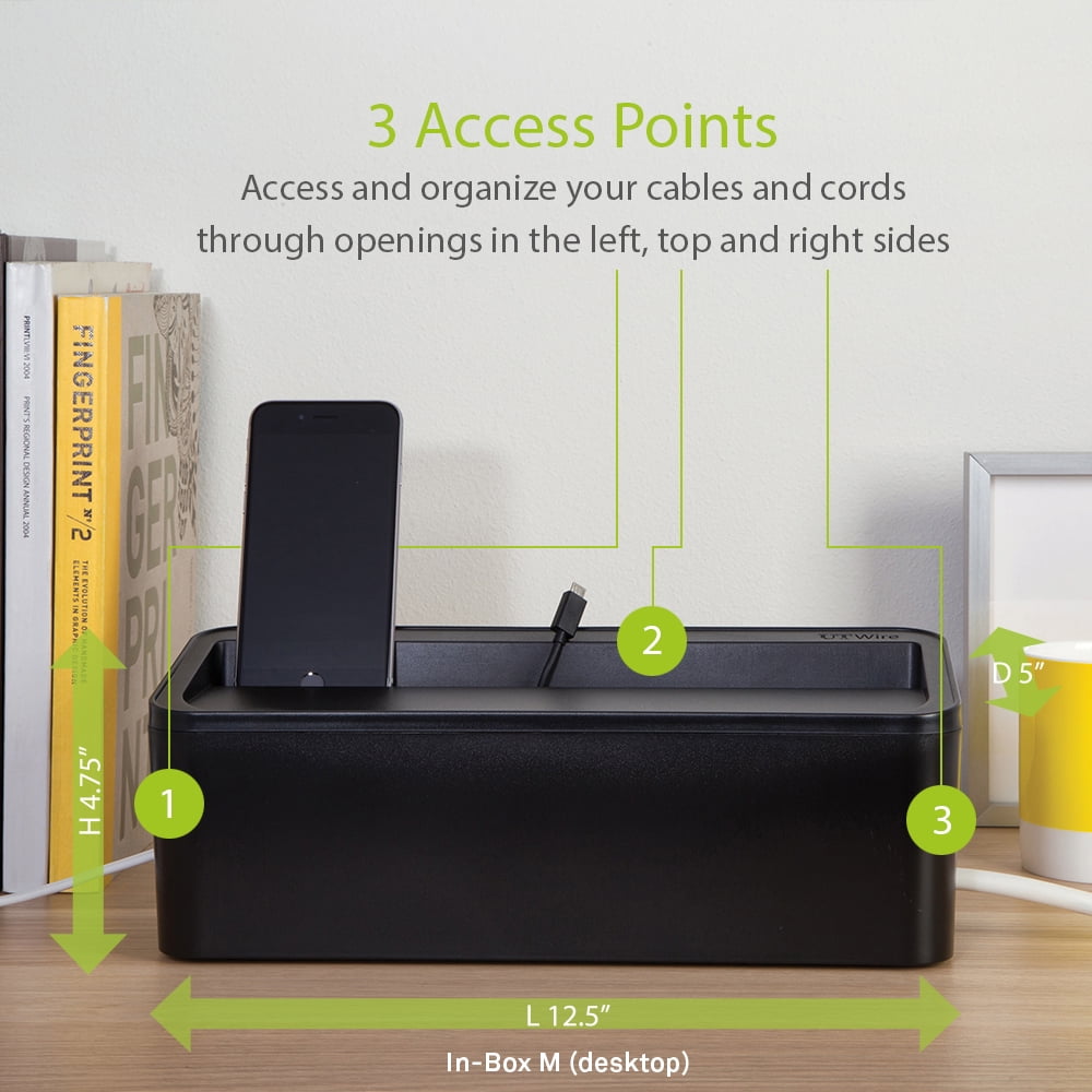 in-Box Cable Box Set with Extra Large Surge Protector Concealer Cable Management for Under Desk and Mobile Charging Station Power Strip Organizer for Desktop, Black