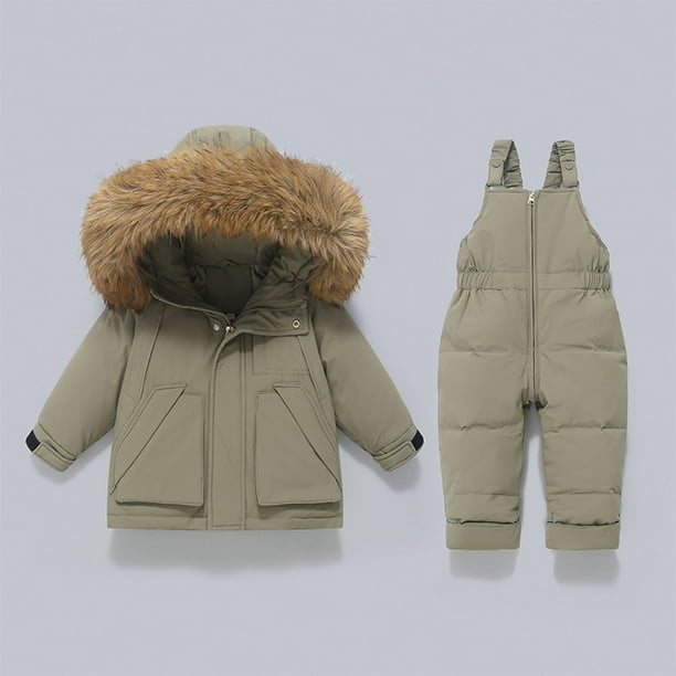 Conjunto de dos piezas de chaqueta y pantalón de esquí para niños, de invierno, grueso, impermeable, resistente al viento y cálido, con capucha y manga larga, con tirantes, de poliéster