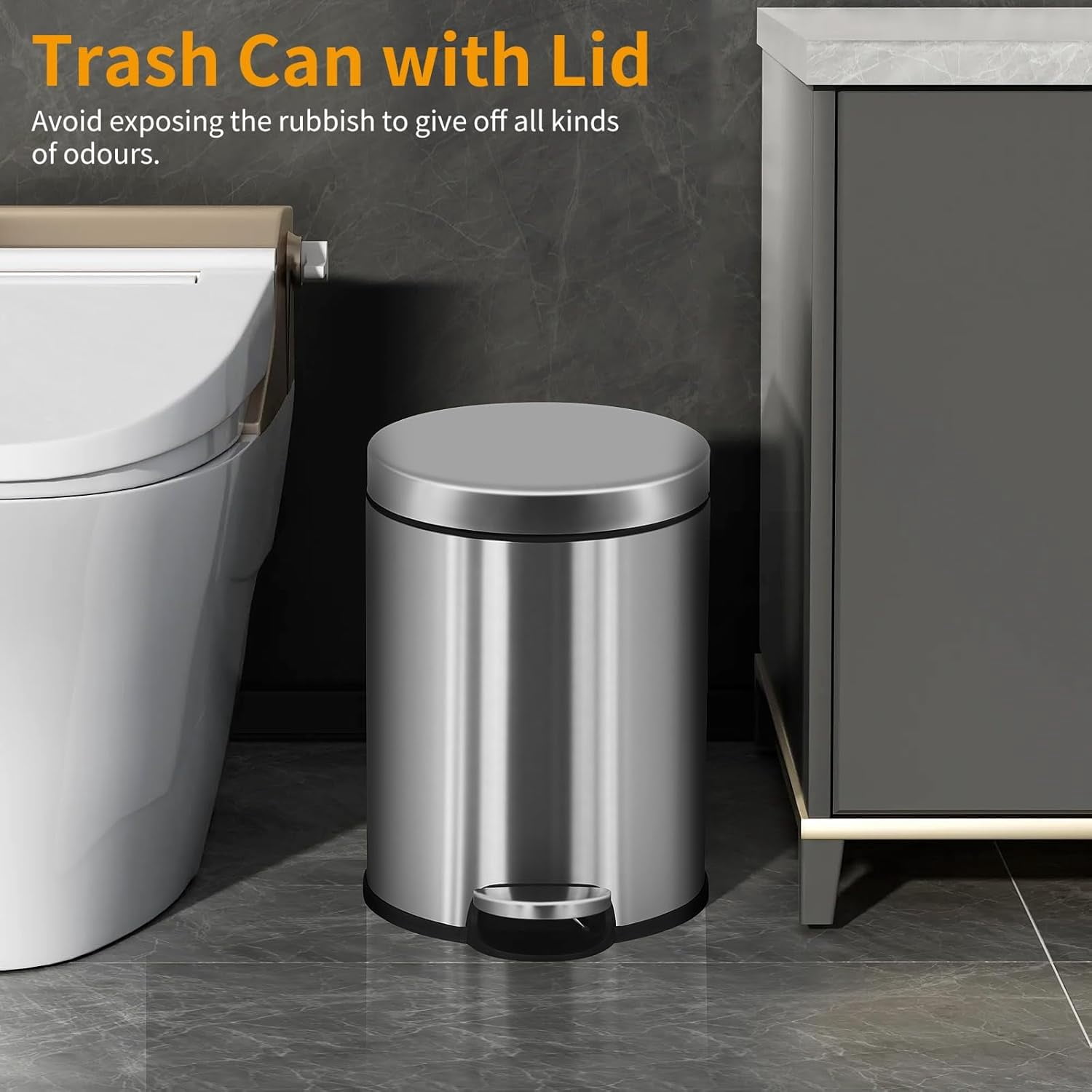 Small Bathroom Trash Can Toilet Trash Bin with Lid Waste Bin 6 L/1.6 Gallon Stainless Steel Trash Can Round Portable Garbage Bin for Bathroom Office Bedroom Rubbish Bin Step-Open, Silver (2 Pack)