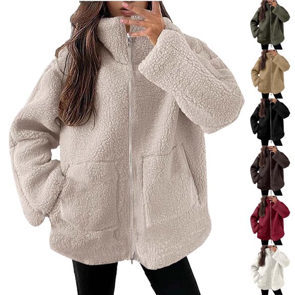LWITHSZG Fleece Jacket Women Sherpa Fuzzy Full Zip up Coats Fall Winter Long Sleeve Going Out Tops Soft Comfy Warm Casual Outerwear with Pockets Size M