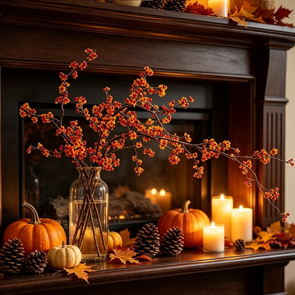 Orange Berry Branch Artificial Bittersweet Floral Stem Bendable Fall Faux Flower Branch Indoor Harvest Table Vase Arrangement for Fall Home Decor