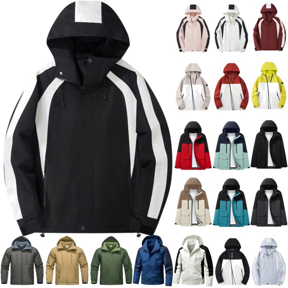QATAINLAV Mens Drawstring Hooded Windbreaker Jackets Casual Waterproof Rain Jacket Full Zip up Color Block Outerwear Black,L