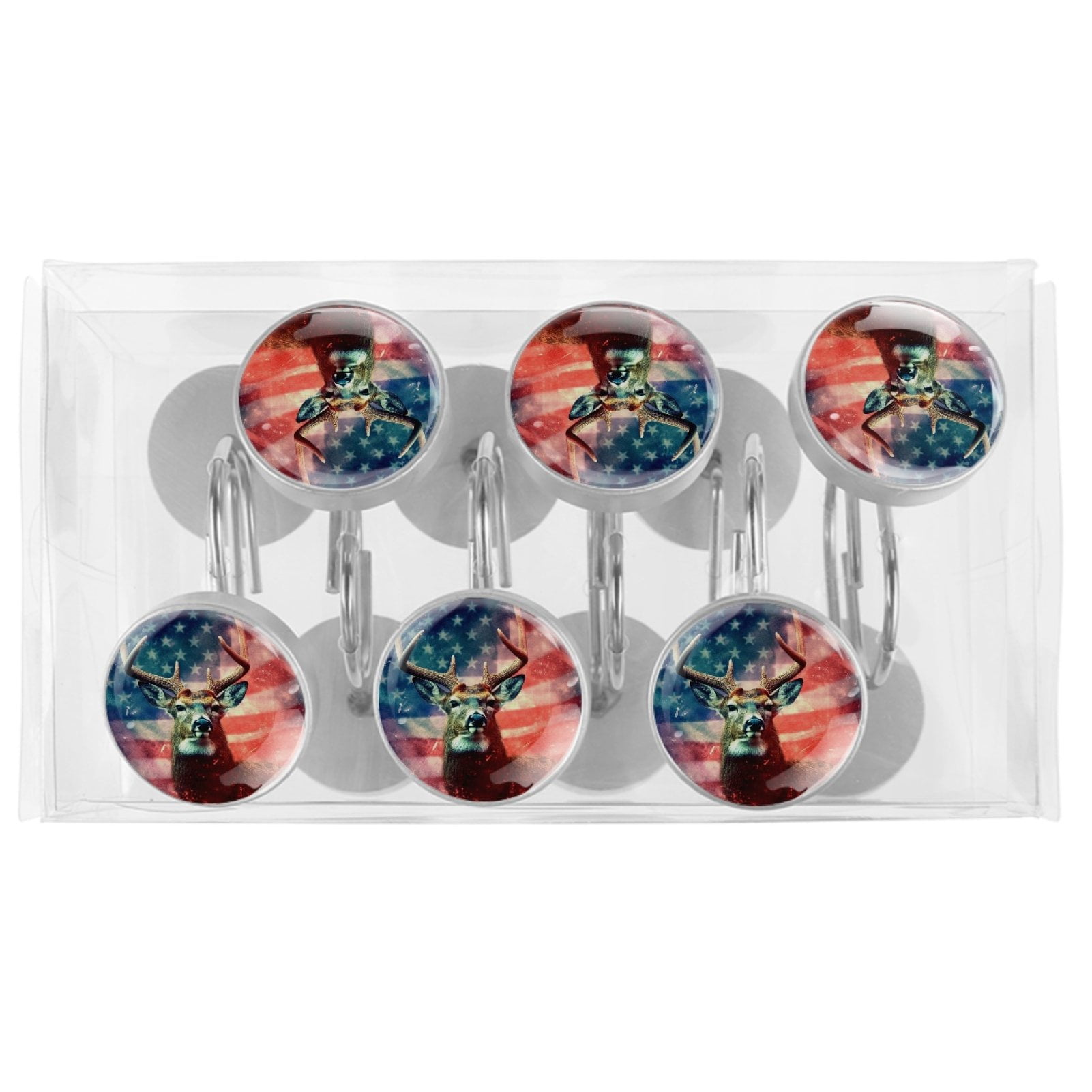Deer and American Flag Shower Curtain Hooks （Set of 12） for Home Hotel Shower Rods Bathroom Crystal Glass Print Stainless Steel Round Curtain Hooks