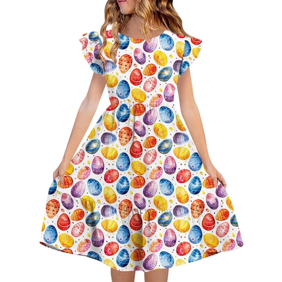 Girls Easter Dress Easter Egg Print Ruffle Cap Sleeve A-Line Comfort Casual Party Dress Multicolor Big Girls Sizes 5-14,Size 11 T