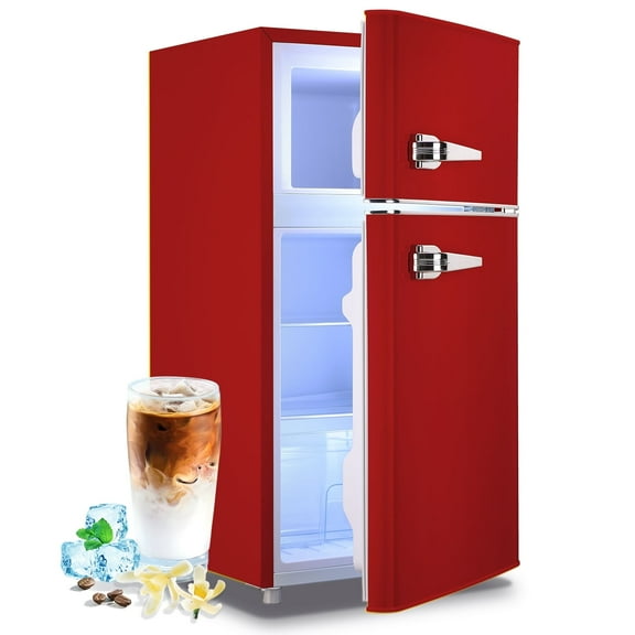 TACOOL Retro Red Mini Fridge with Handle Dual Door 3.5Cu.ft Samll Refrigerator with Freezer For Home