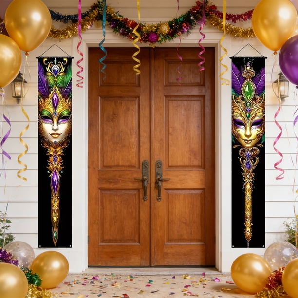 Decoraciones para fiestas de carnaval | Banderas y pancartas colgantes para el festival de Mardi Gras | Banderines decorativos de poliéster multicolor de 180 x 30 cm para jardín, patio o entrada