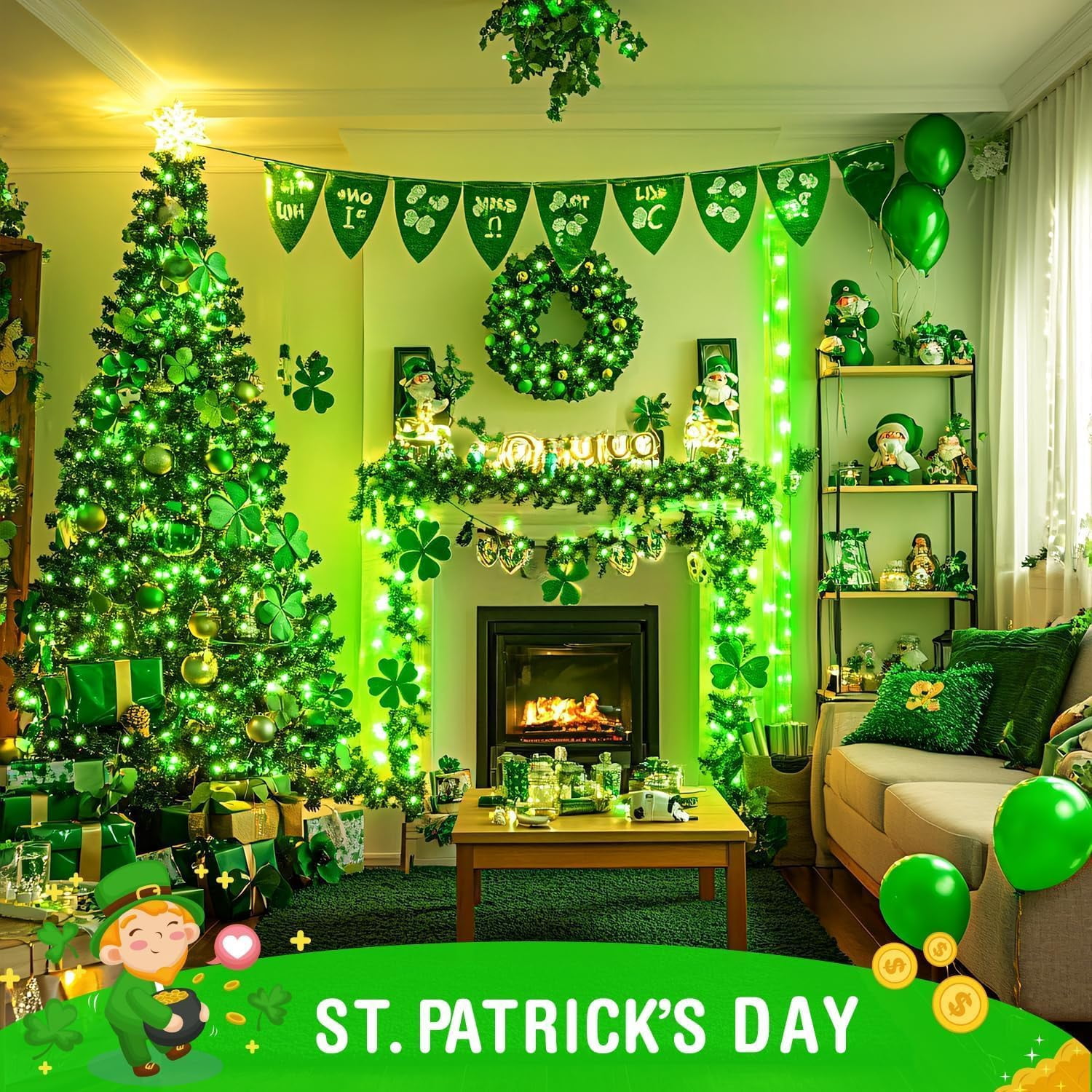 JMEXSUSS Green St Patricks Day Lights Indoor Outdoor Clear Wire, 200 LED Green Christmas String Lights for St Patricks Day Spring Tree Garden Decor, Connectable