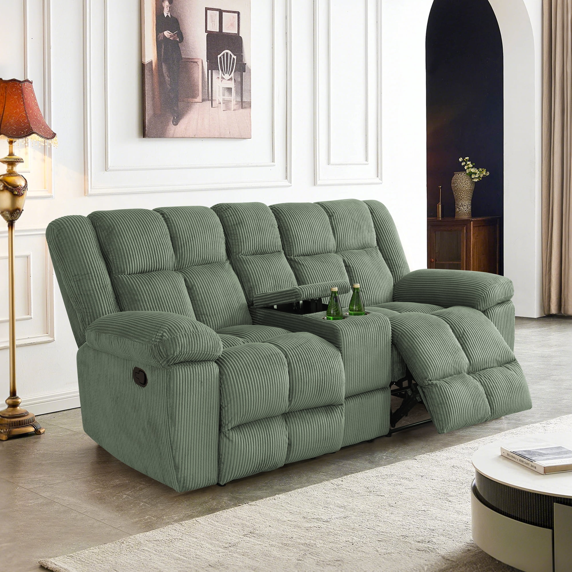 Gewnee Multifunctional Loveseat, Cup Holders, Corduroy Upholstery, Solid Wood Frame, Ideal for Living Room, Green