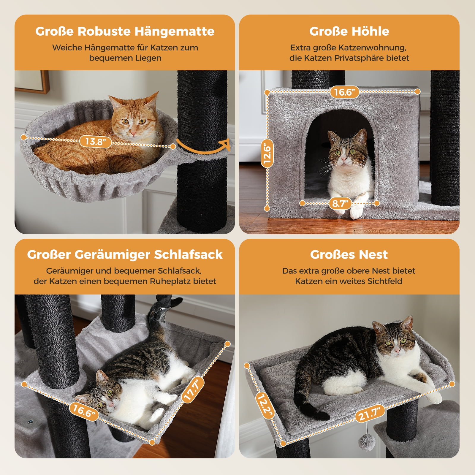 Pefilos 50" Heavy-Duty Cat Tree Tower with Extra-Thick Scratching Posts (φ4.3), Condo, 2-Layer Baseboard for Big Cats up to 16 lbs, Black