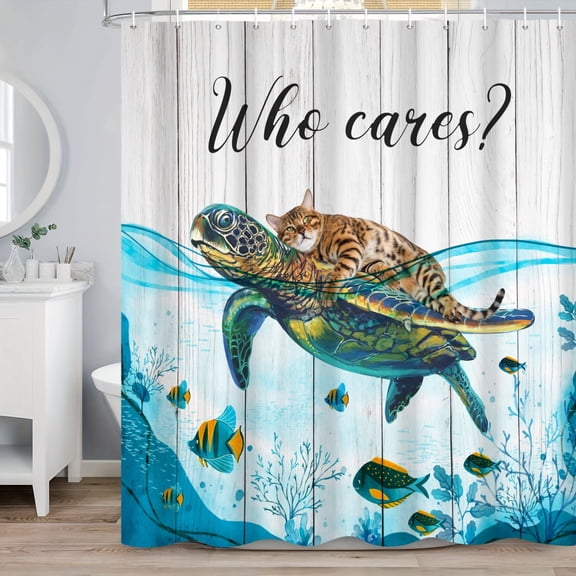 MIZHONA Sea Turtle Shower Curtain Funny Cat and Ocean Fish Fabric Bath Curtains for Kids Bathroom Decor 72x72 in