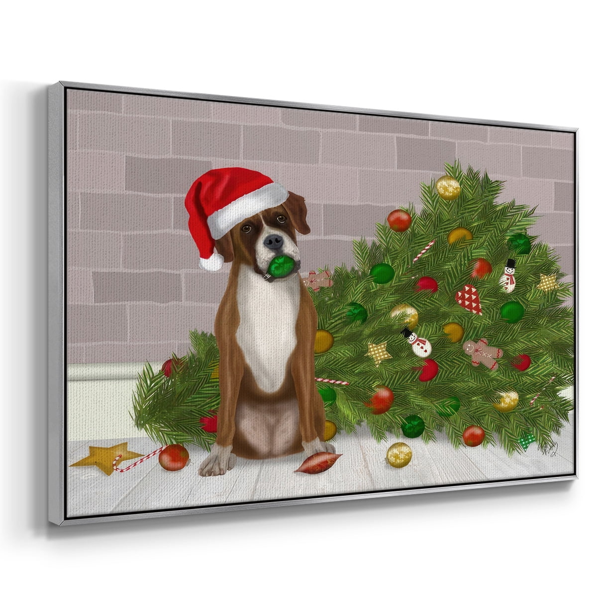 Christmas Boxer and Broken Christmas Tree - Framed Gallery Wrapped Holiday Canvas - 17 x 25 - Silver Frame