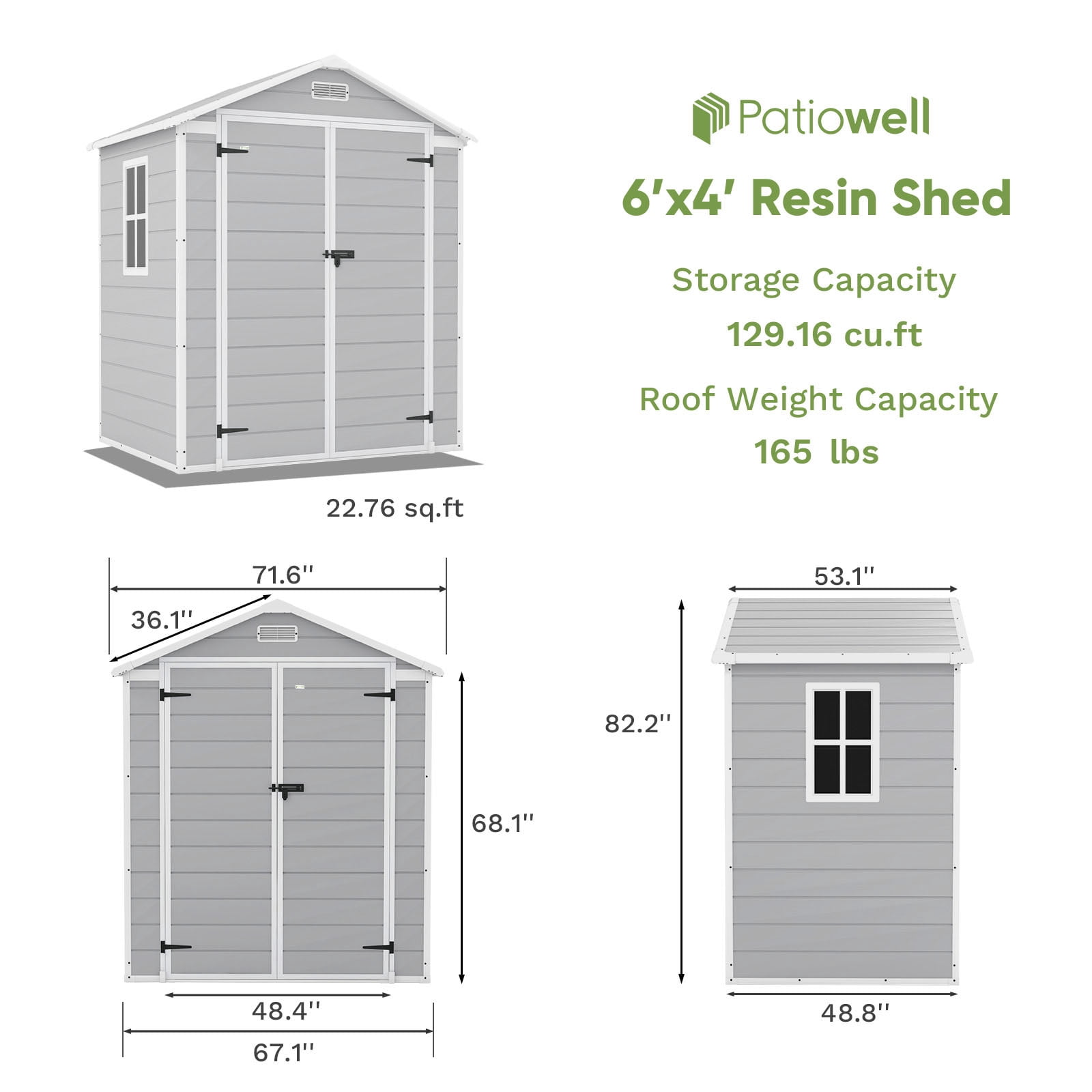 Patiowell 6x4 Resin Outdoor Storage Shed-Perfect to Store Patio Furniture, Garden Tools Bike Accessories, Beach Chairs and Lawn Mower, Grey & White