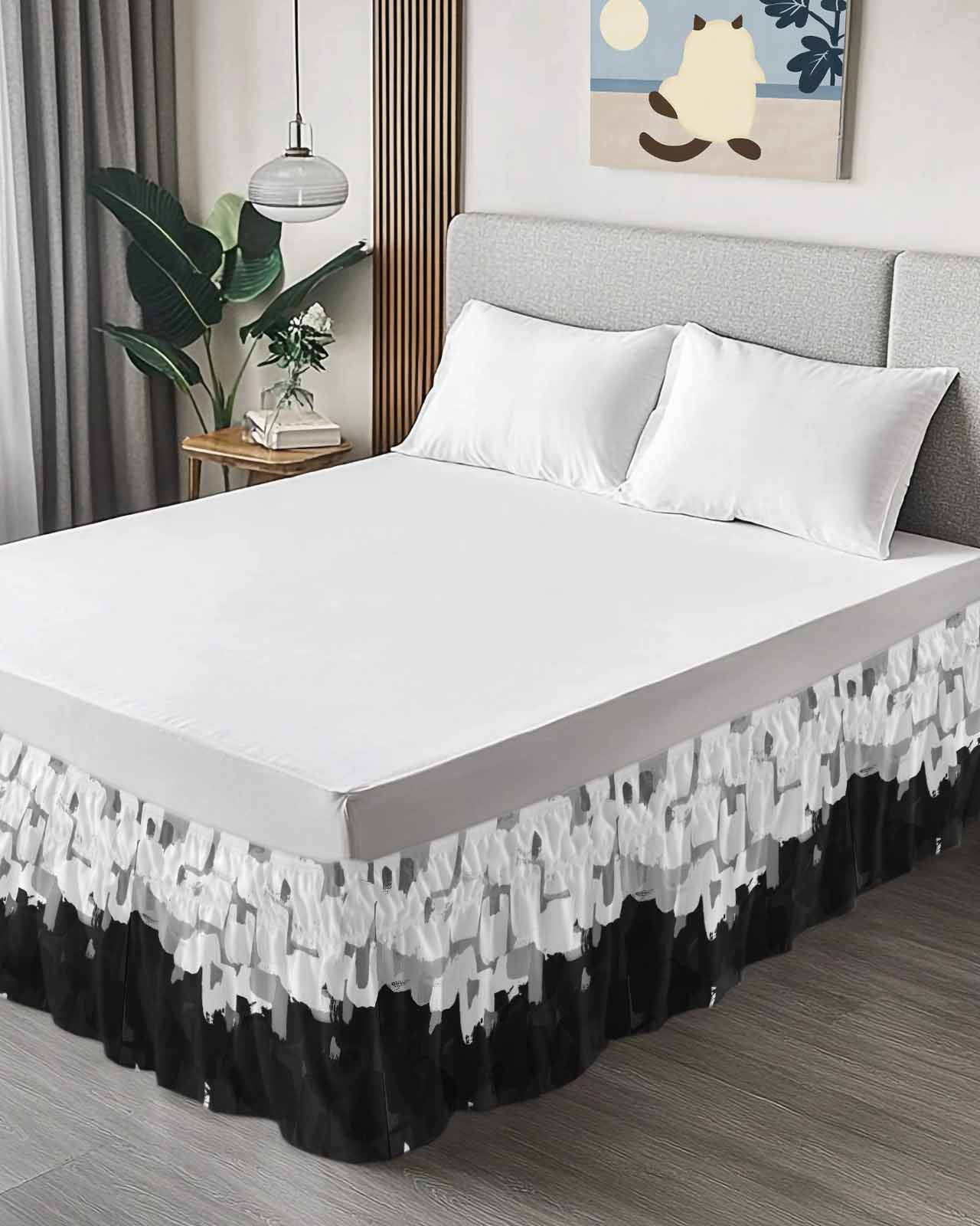 Graffiti Black White Texture Bed Skirt Dappled Paint Art Decoration Bed Skirts King Size 18 Inch Drop, Wrap Around Dust Ruffle&nbsp;Bedskirt with Adjustable Elastic Belt for Queen Size Beds