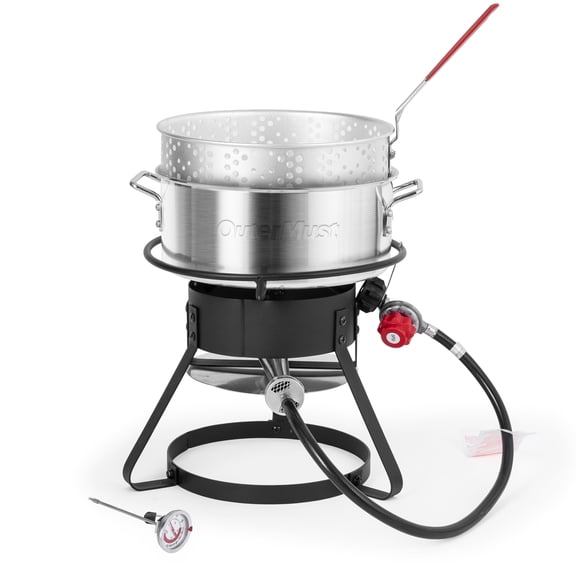 Fish Fryer Pot with Baskets 58,000 BTU 11 Qt. Aluminum Outdoor Deep Fryer and Thermometer for Cooking Fish, French Fries