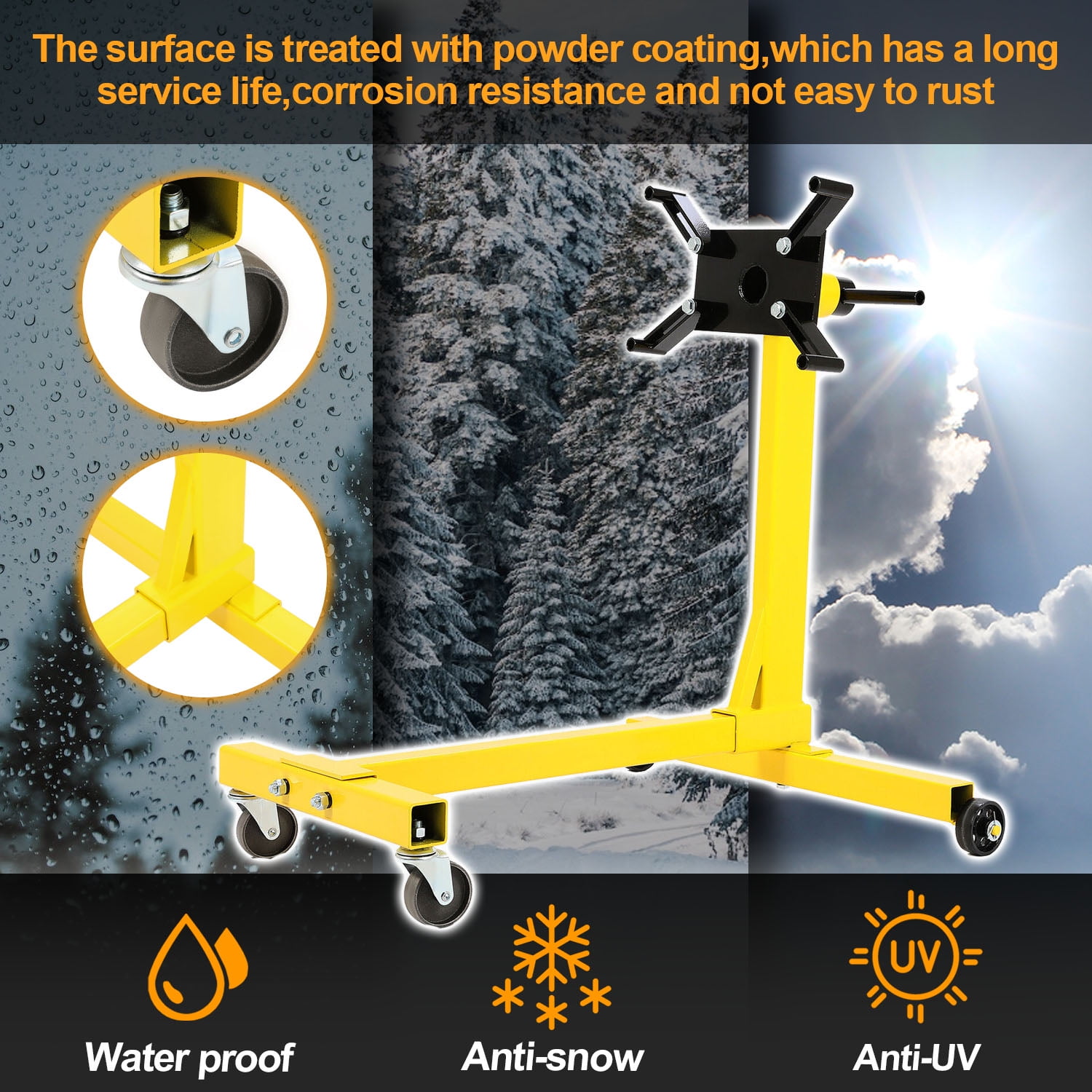 Kojem Rotating Engine Stand 1000 LBS Auto Truck Motor Hoist Dolly Mover Jack with Caster Wheels 360 Degree Rotating Head Caster Wheels Adjustable Arms Auto Repair Rebuild Jack - Yellow Finish