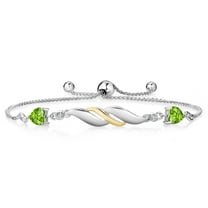 925 Sterling Silver and 10K Yellow Gold Green Peridot and White Lab Grown Diamond Tennis Bracelet for Women (1.02 Cttw, Heart Shape 5MM, Gemstone Birthstone, Fully Adjustable up to 9 inch)
